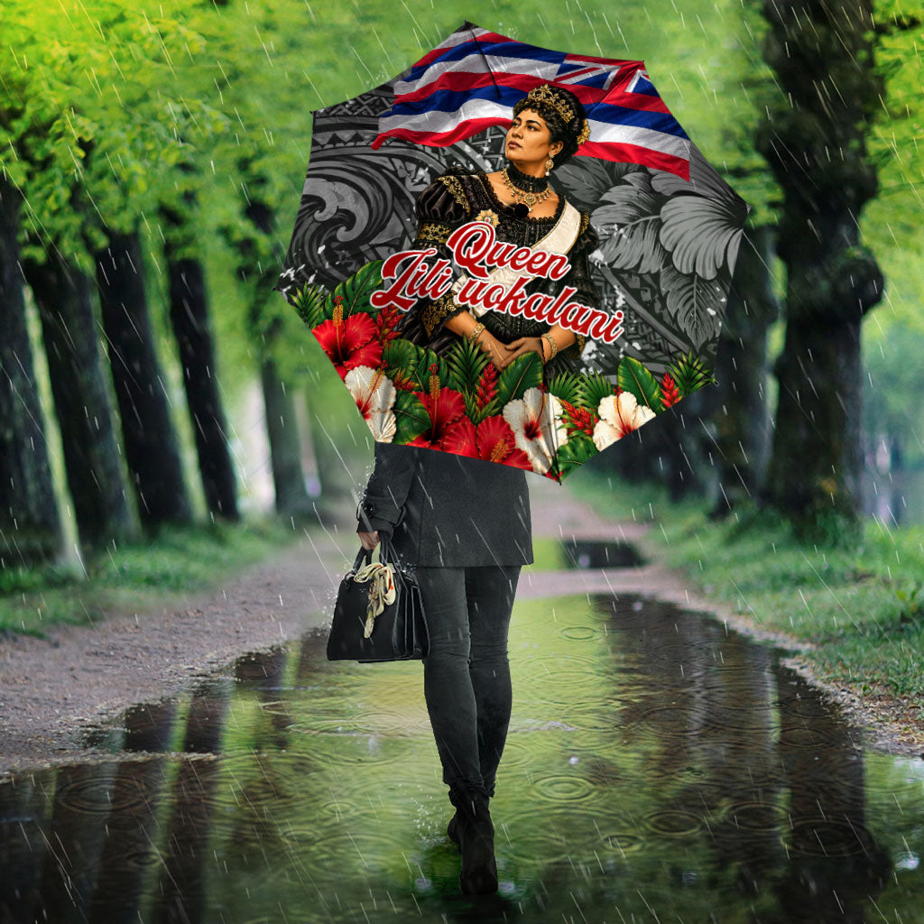 Queen Liliuokalani Hawaiian Flag Umbrella Polynesian Tribal Pattern And Tropical Hibiscus TS04 - Polynesian Pride