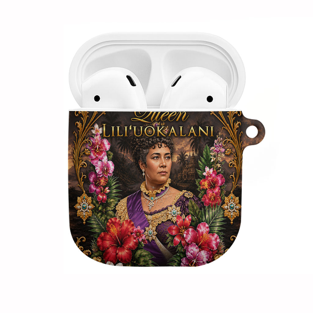 Queen Liliuokalani Hawaii AirPods Case Royal Portrait Golden Floral Frame Tropical Hibiscus TS04 Black Gold - Polynesian Pride