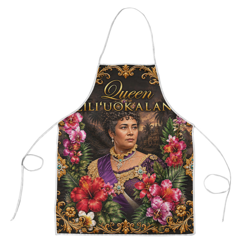 Queen Liliuokalani Hawaii Apron Royal Portrait Golden Floral Frame Tropical Hibiscus TS04 Black Gold - Polynesian Pride