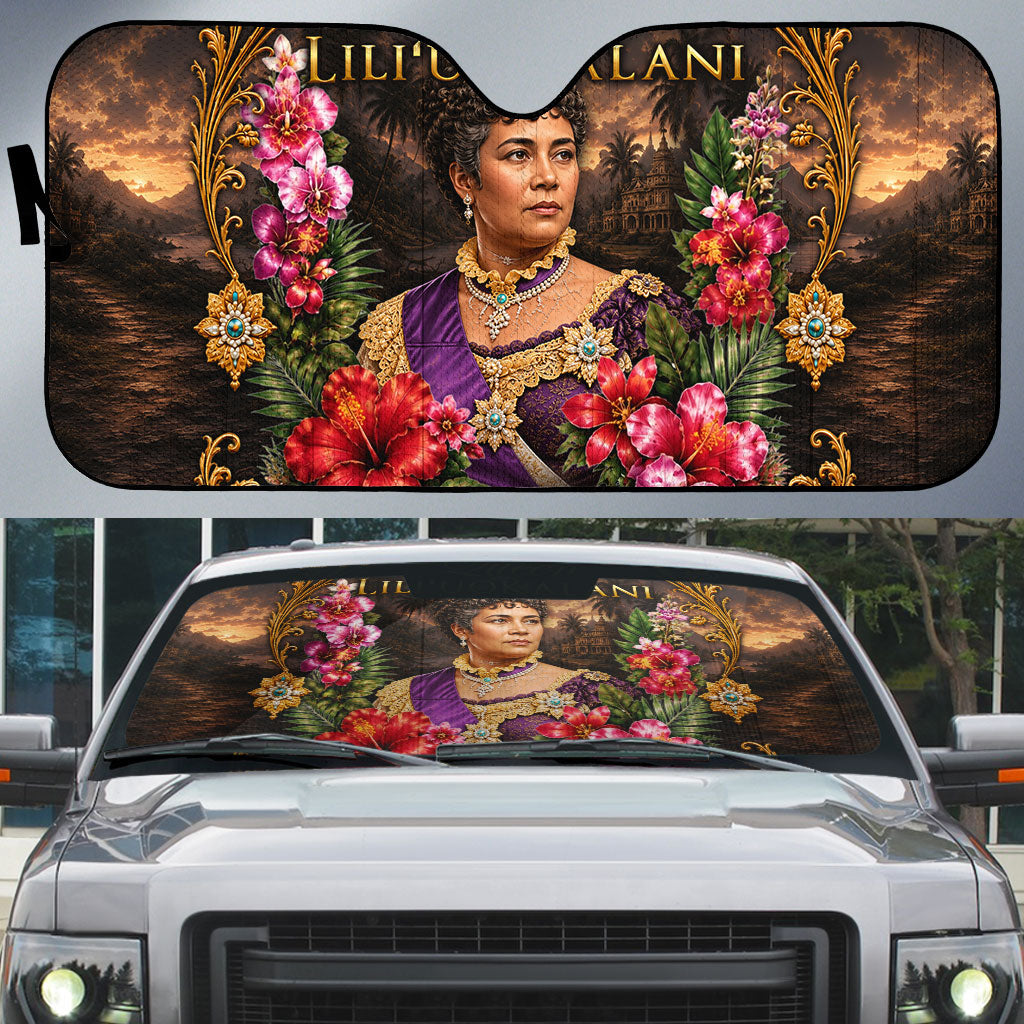 Queen Liliuokalani Hawaii Auto Sun Shade Royal Portrait Golden Floral Frame Tropical Hibiscus TS04 Black Gold - Polynesian Pride