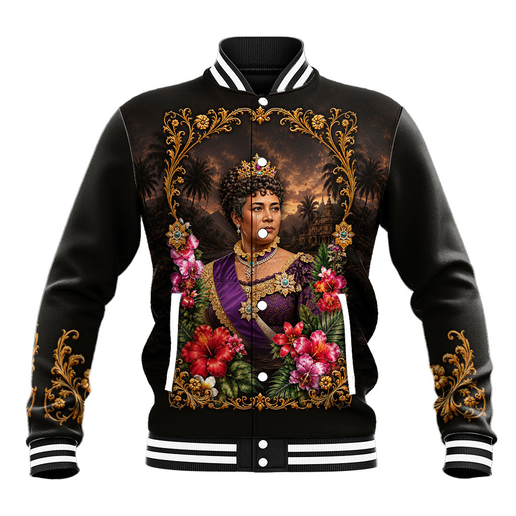 Queen Liliuokalani Hawaii Baseball Jacket Royal Portrait Golden Floral Frame Tropical Hibiscus TS04 Unisex Black Gold - Polynesian Pride