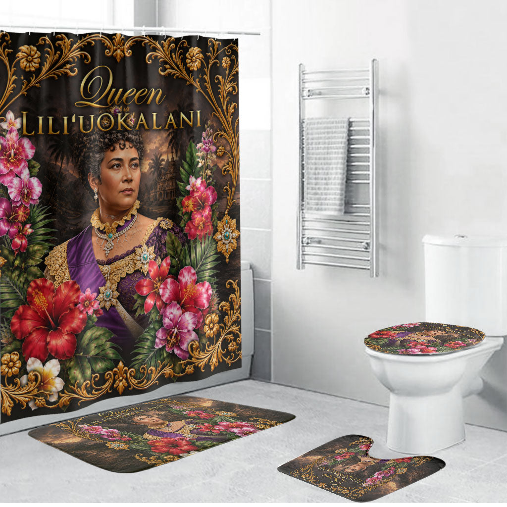 Queen Liliuokalani Hawaii Bathroom Set Royal Portrait Golden Floral Frame Tropical Hibiscus TS04 Bathroom Set (4 pcs) Black Gold - Polynesian Pride