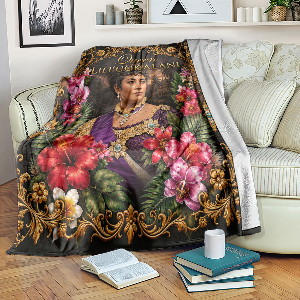 Queen Liliuokalani Hawaii Blanket Royal Portrait Golden Floral Frame Tropical Hibiscus TS04 Black Gold - Polynesian Pride