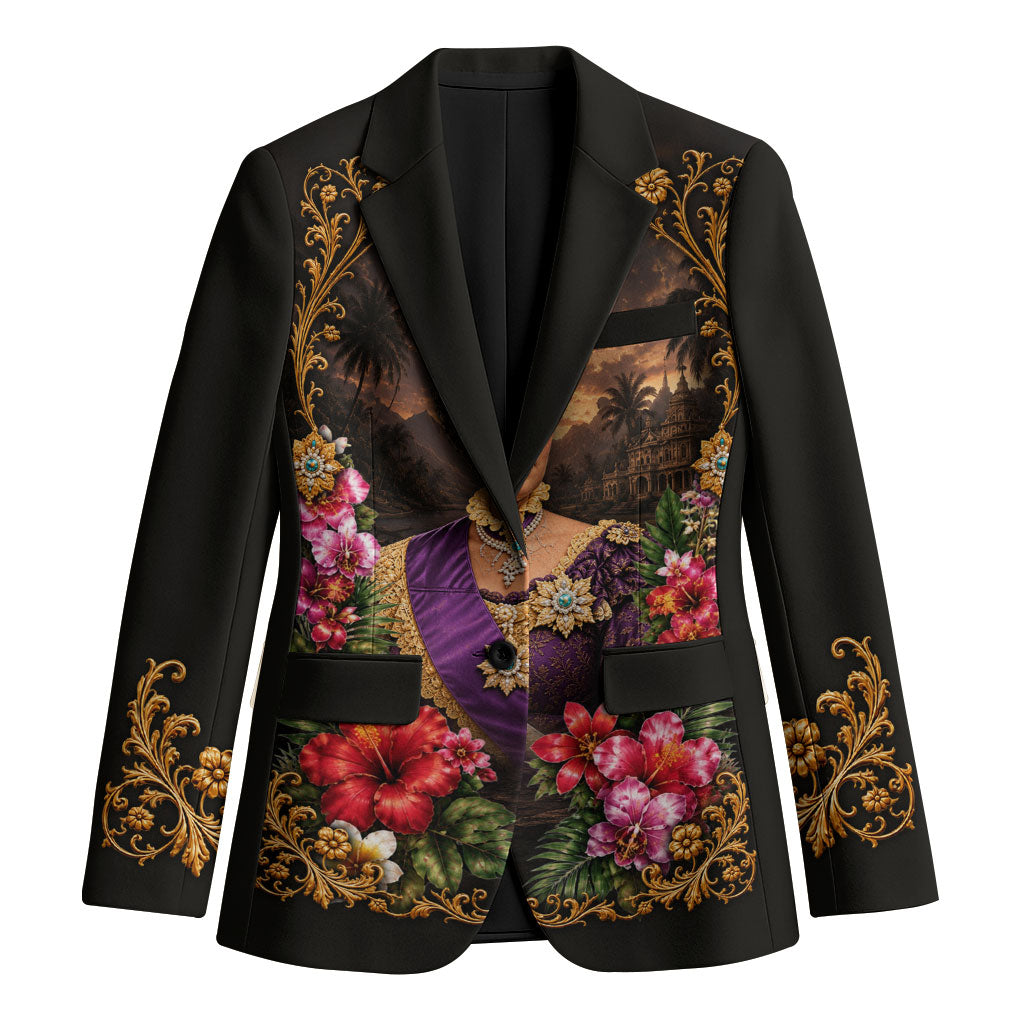 Queen Liliuokalani Hawaii Blazer Royal Portrait Golden Floral Frame Tropical Hibiscus TS04 Unisex Black Gold - Polynesian Pride