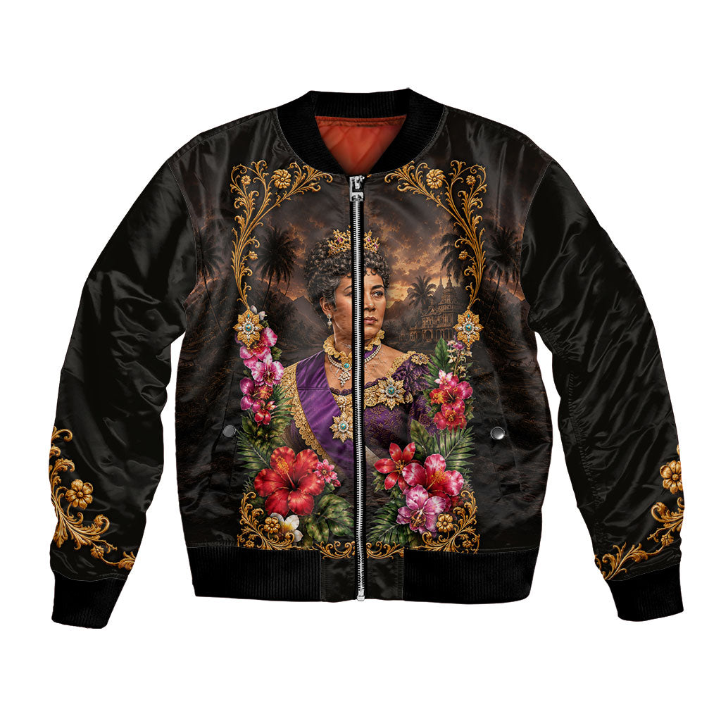 Queen Liliuokalani Hawaii Bomber Jacket Royal Portrait Golden Floral Frame Tropical Hibiscus TS04 Unisex Black Gold - Polynesian Pride