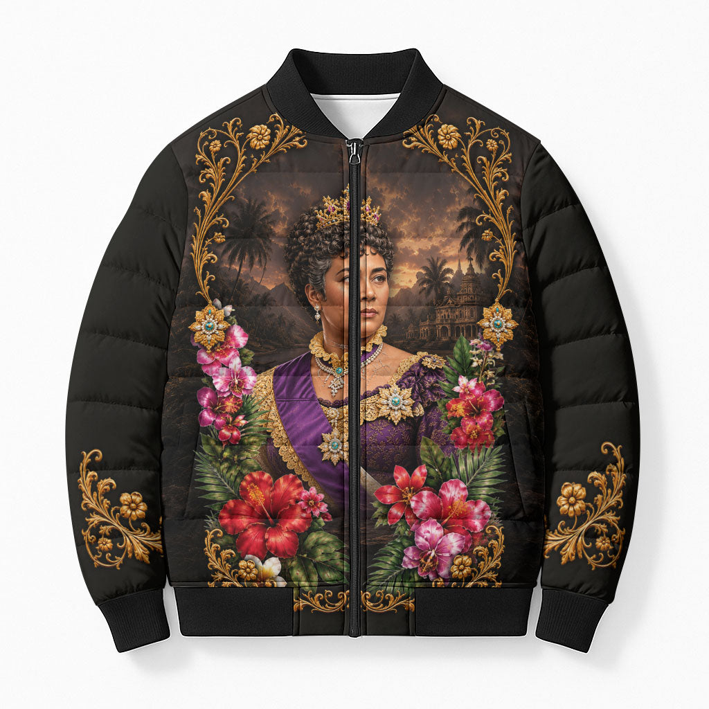 Queen Liliuokalani Hawaii Bomber Puffer Jacket Royal Portrait Golden Floral Frame Tropical Hibiscus TS04 Unisex Black Gold - Polynesian Pride