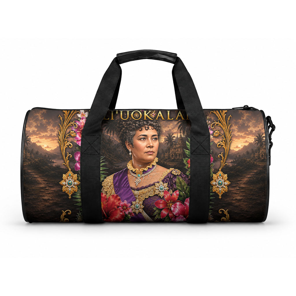 Queen Liliuokalani Hawaii Duffle Bag Royal Portrait Golden Floral Frame Tropical Hibiscus TS04 One size Black Gold - Polynesian Pride
