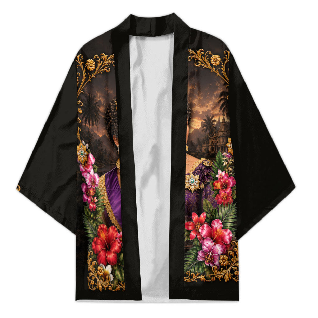 Queen Liliuokalani Hawaii Kimono Royal Portrait Golden Floral Frame Tropical Hibiscus TS04 Unisex Black Gold - Polynesian Pride