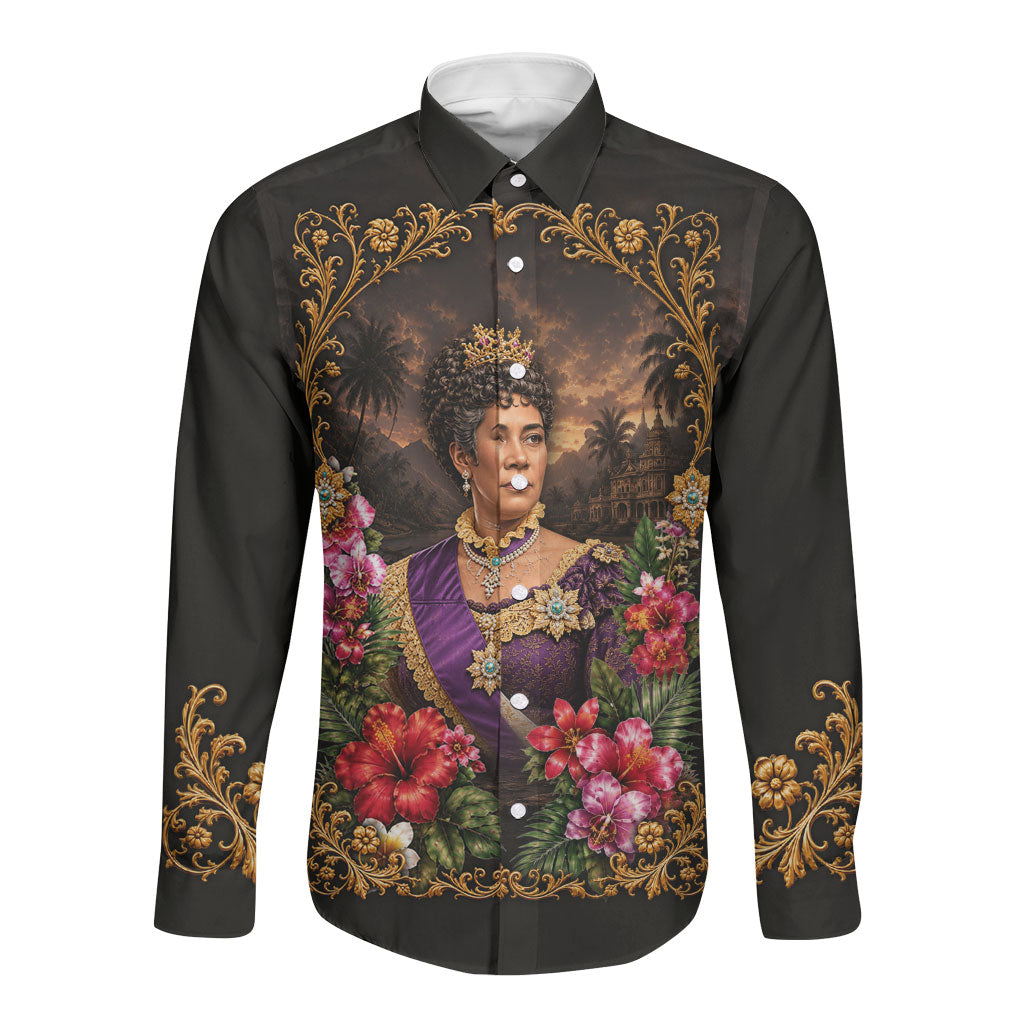 Queen Liliuokalani Hawaii Long Sleeve Button Shirt Royal Portrait Golden Floral Frame Tropical Hibiscus TS04 Unisex Black Gold - Polynesian Pride