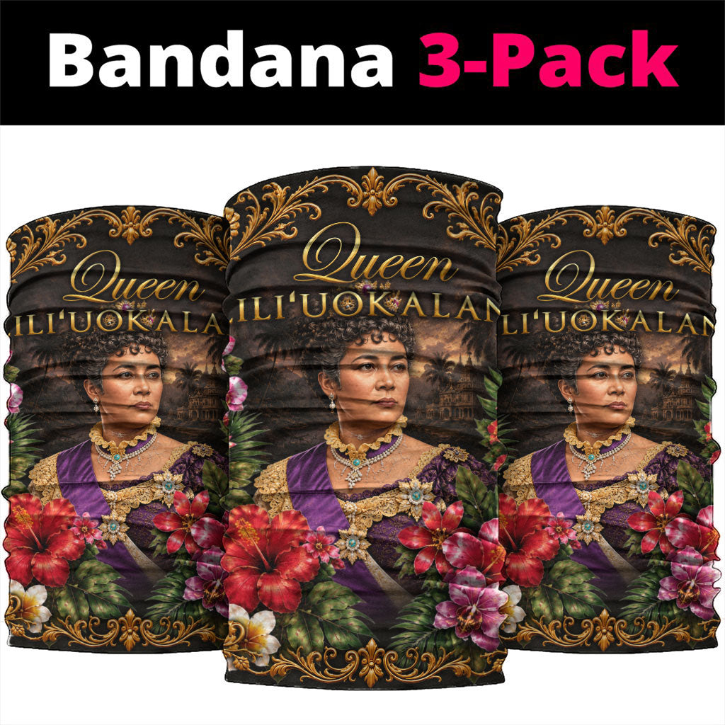 Queen Liliuokalani Hawaii Neck Gaiter Royal Portrait Golden Floral Frame Tropical Hibiscus TS04 package One Size: 25*50cm Black Gold - Polynesian Pride