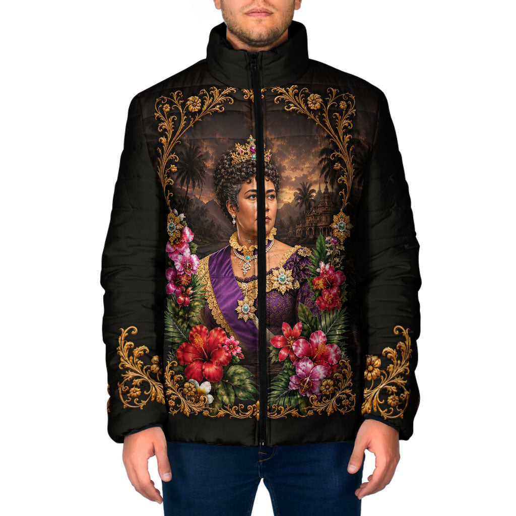 Queen Liliuokalani Hawaii Padded Jacket Royal Portrait Golden Floral Frame Tropical Hibiscus TS04 Men Black Gold - Polynesian Pride