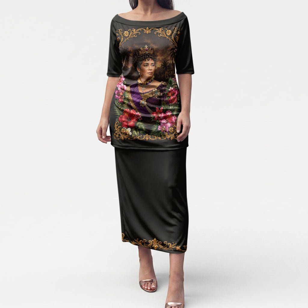 Queen Liliuokalani Hawaii Puletasi Royal Portrait Golden Floral Frame Tropical Hibiscus TS04 Long Dress Black Gold - Polynesian Pride