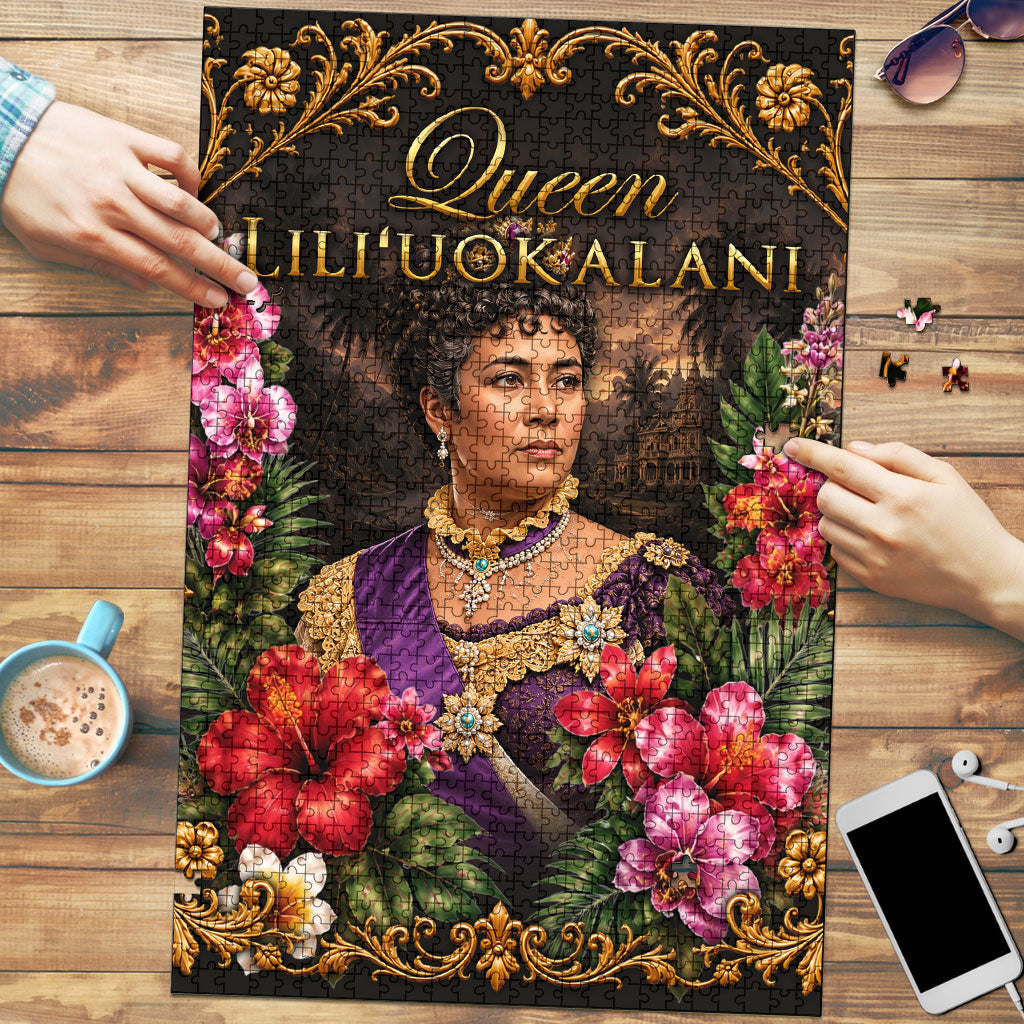 Queen Liliuokalani Hawaii Puzzle Royal Portrait Golden Floral Frame Tropical Hibiscus TS04 Black Gold - Polynesian Pride