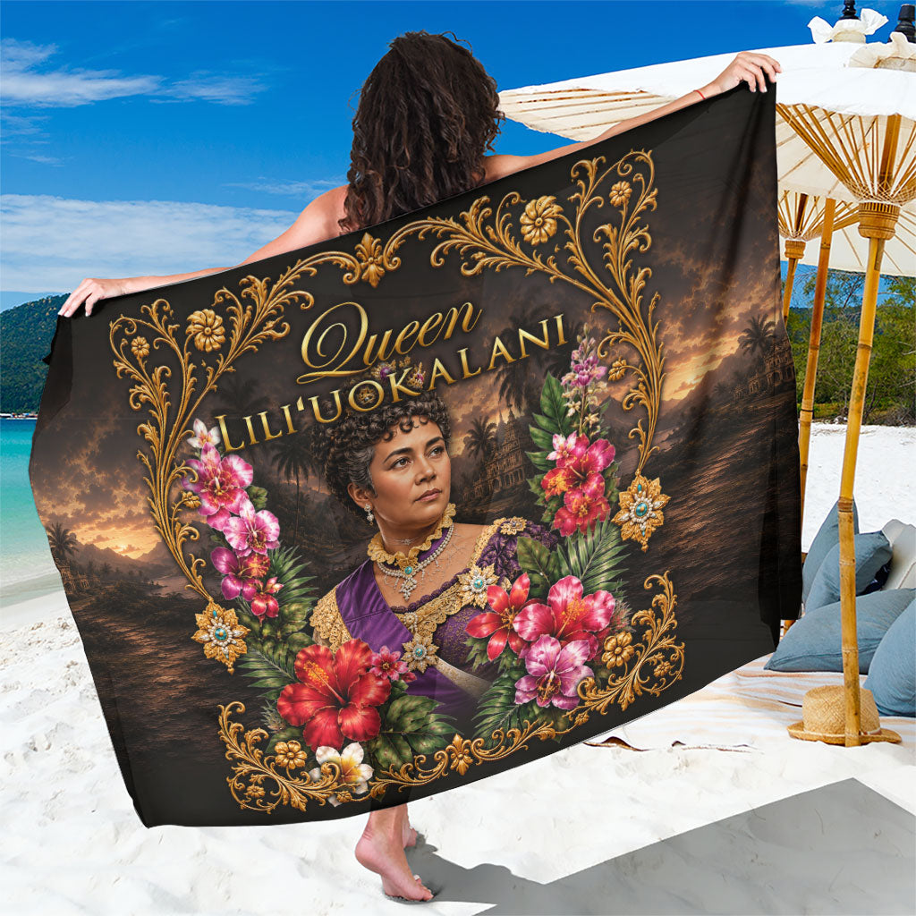 Queen Liliuokalani Hawaii Sarong Royal Portrait Golden Floral Frame Tropical Hibiscus TS04 One Size 44 x 66 inches Black Gold - Polynesian Pride