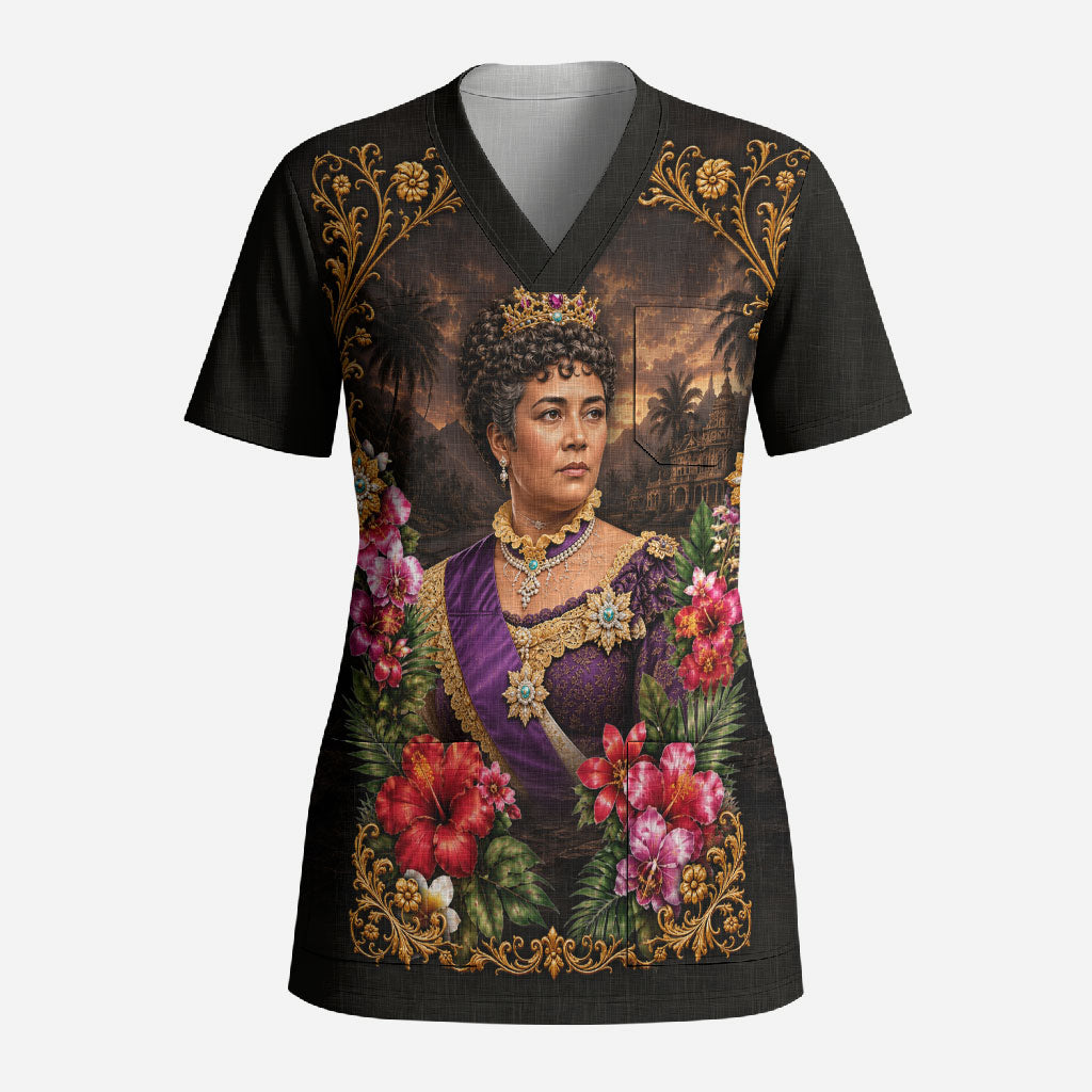 Queen Liliuokalani Hawaii Scrub Top Royal Portrait Golden Floral Frame Tropical Hibiscus TS04 Adult Black Gold - Polynesian Pride