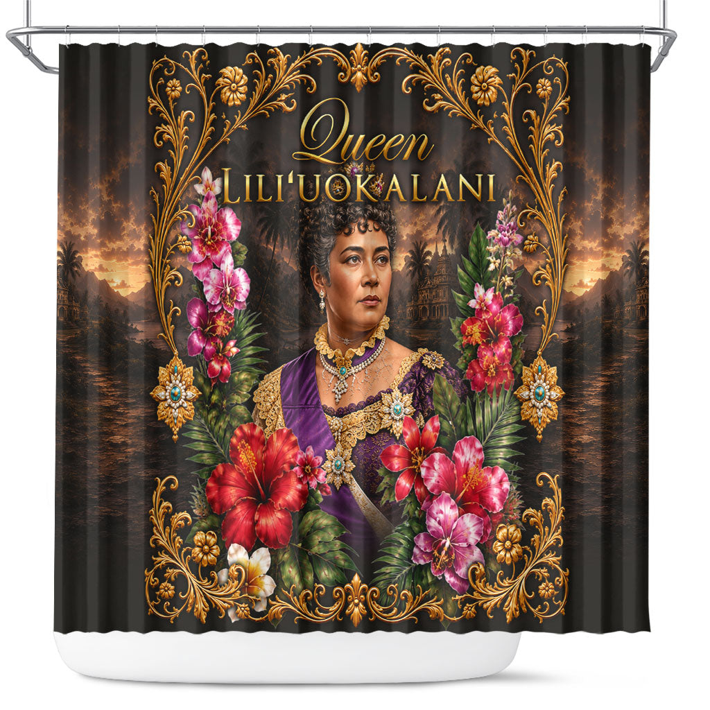 Queen Liliuokalani Hawaii Shower Curtain Royal Portrait Golden Floral Frame Tropical Hibiscus TS04 Black Gold - Polynesian Pride