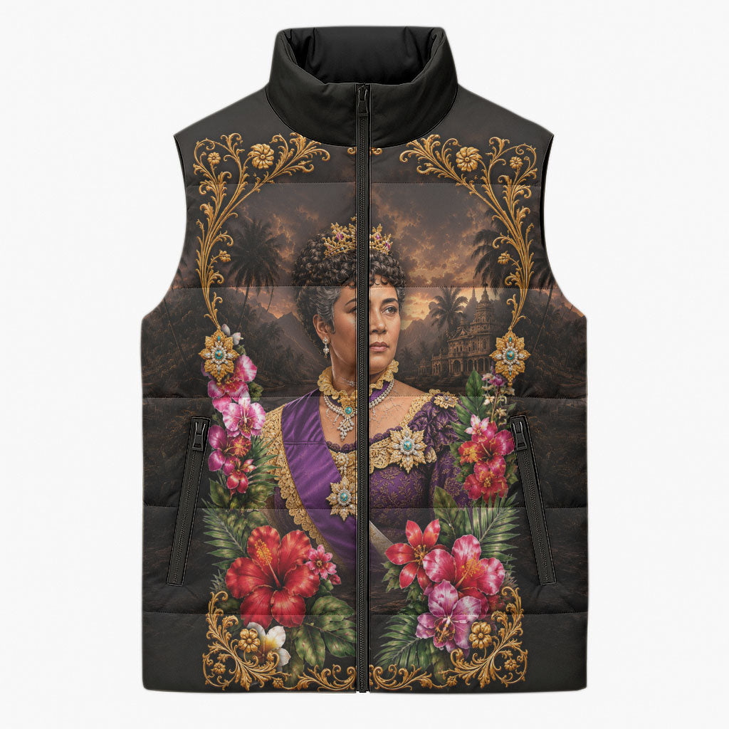 Queen Liliuokalani Hawaii Sleeveless Puffer Jacket Royal Portrait Golden Floral Frame Tropical Hibiscus TS04 Unisex Black Gold - Polynesian Pride
