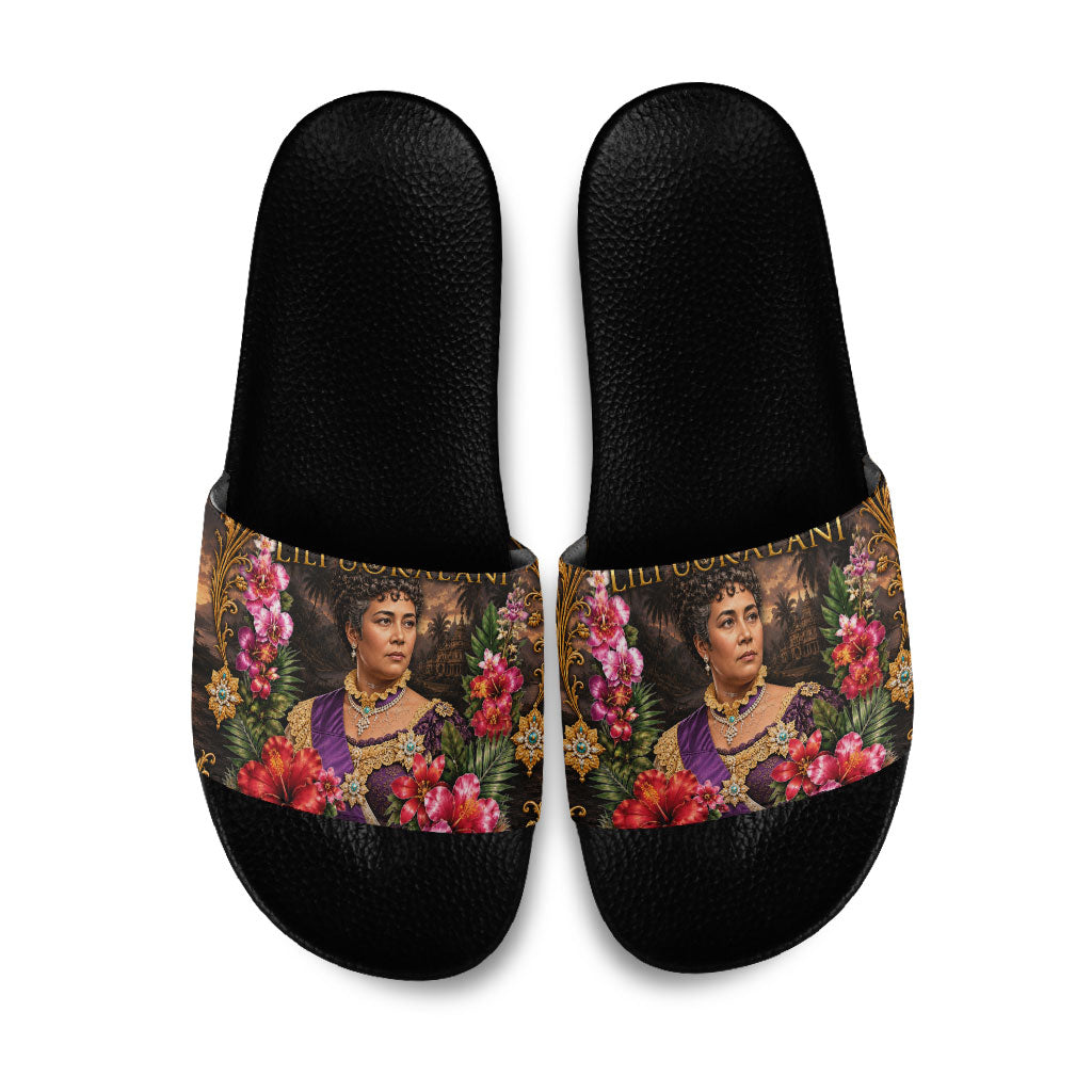 Queen Liliuokalani Hawaii Slide Sandals Royal Portrait Golden Floral Frame Tropical Hibiscus TS04 Black Gold - Polynesian Pride