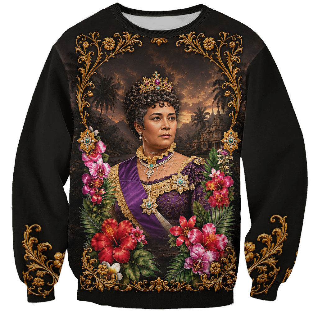 Queen Liliuokalani Hawaii Sweatshirt Royal Portrait Golden Floral Frame Tropical Hibiscus TS04 Unisex Black Gold - Polynesian Pride