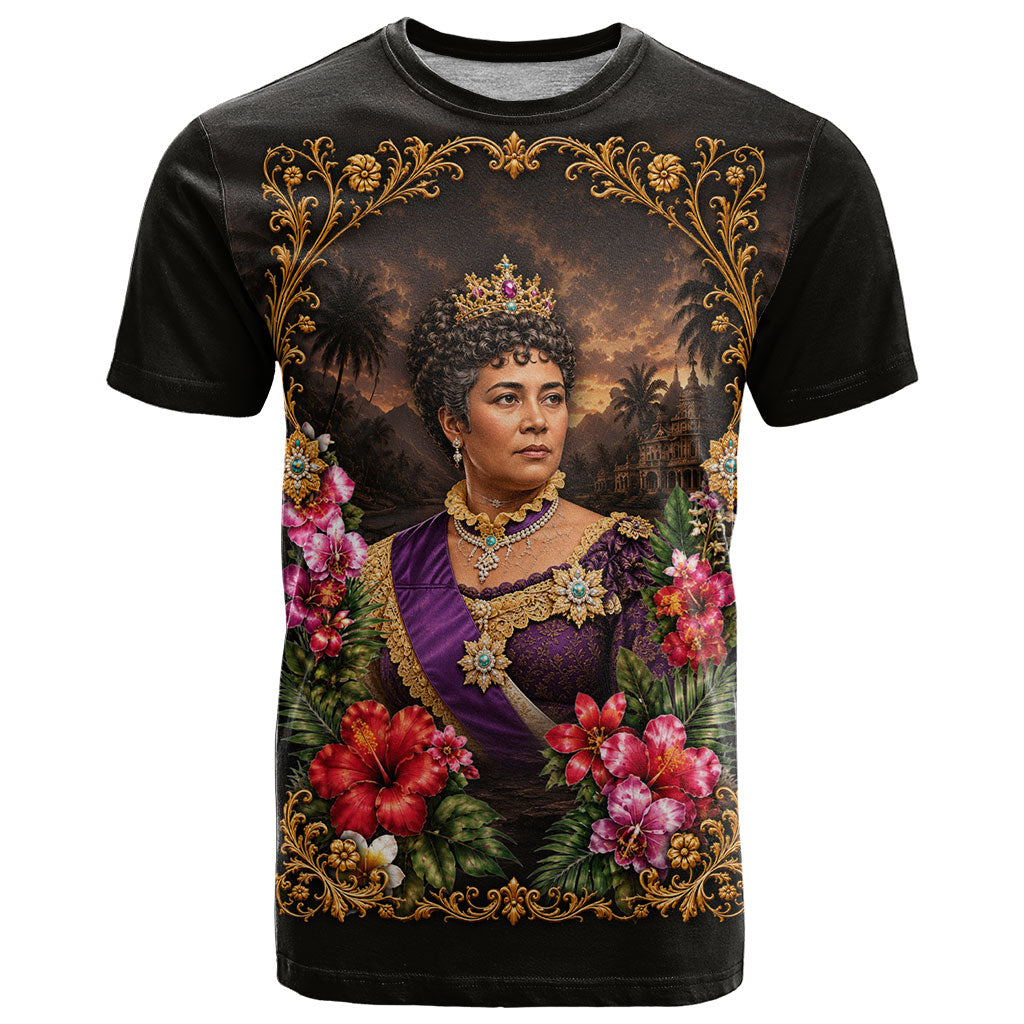 Queen Liliuokalani Hawaii T Shirt Royal Portrait Golden Floral Frame Tropical Hibiscus TS04 Black Gold - Polynesian Pride
