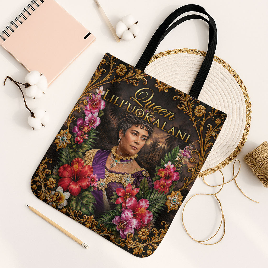 Queen Liliuokalani Hawaii Tote Bag Royal Portrait Golden Floral Frame Tropical Hibiscus TS04 Black Strap One Size Black Gold - Polynesian Pride