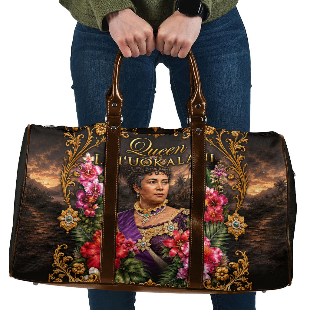Queen Liliuokalani Hawaii Travel Bag Royal Portrait Golden Floral Frame Tropical Hibiscus TS04 Black Gold - Polynesian Pride