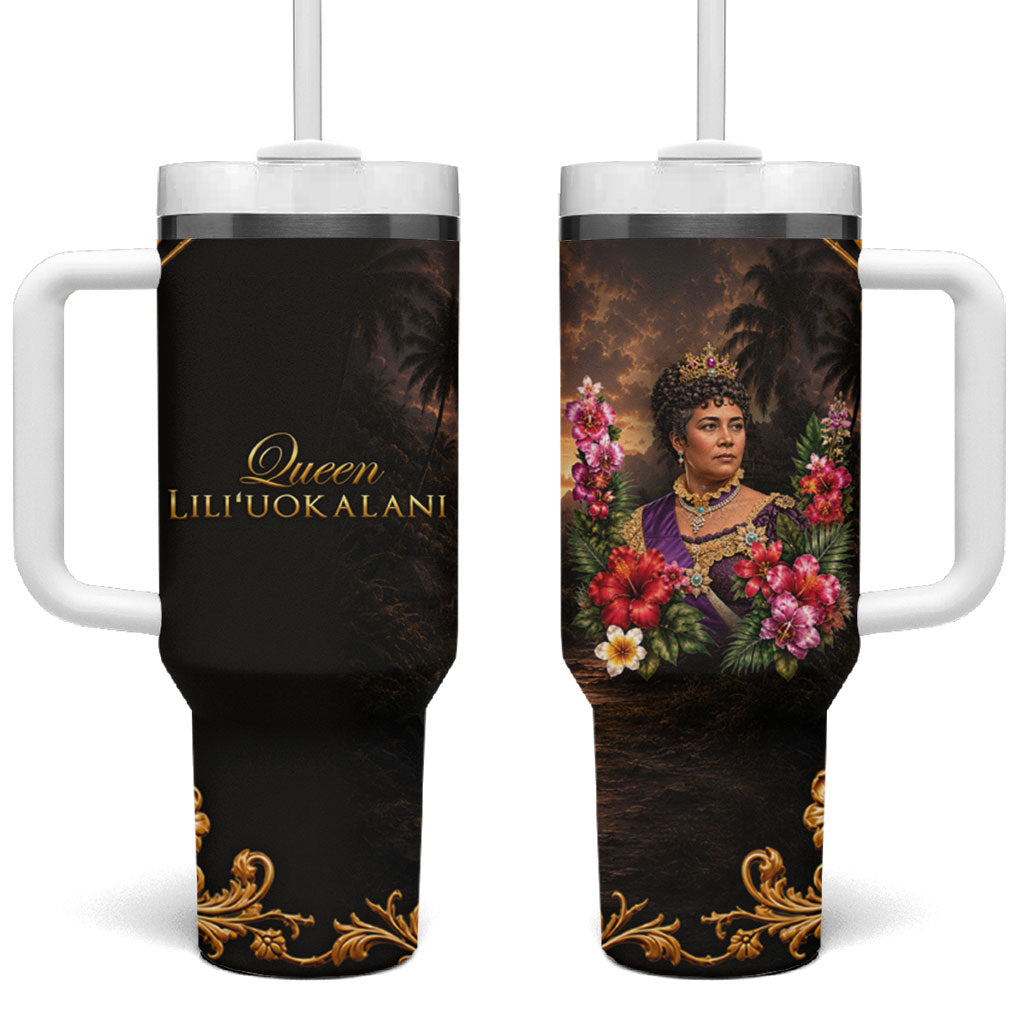 Queen Liliuokalani Hawaii Tumbler With Handle Royal Portrait Golden Floral Frame Tropical Hibiscus TS04 One Size: 40 oz Black Gold - Polynesian Pride
