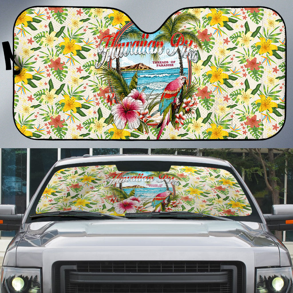 Hawaiian Piko Threads Of Paradise Aloha Auto Sun Shade Tropical Hibiscus Plumeria TS04 White Green - Polynesian Pride