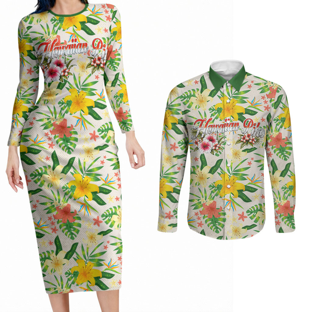 Hawaiian Piko Threads Of Paradise Aloha Couples Matching Long Sleeve Bodycon Dress and Long Sleeve Button Shirt Tropical Hibiscus Plumeria