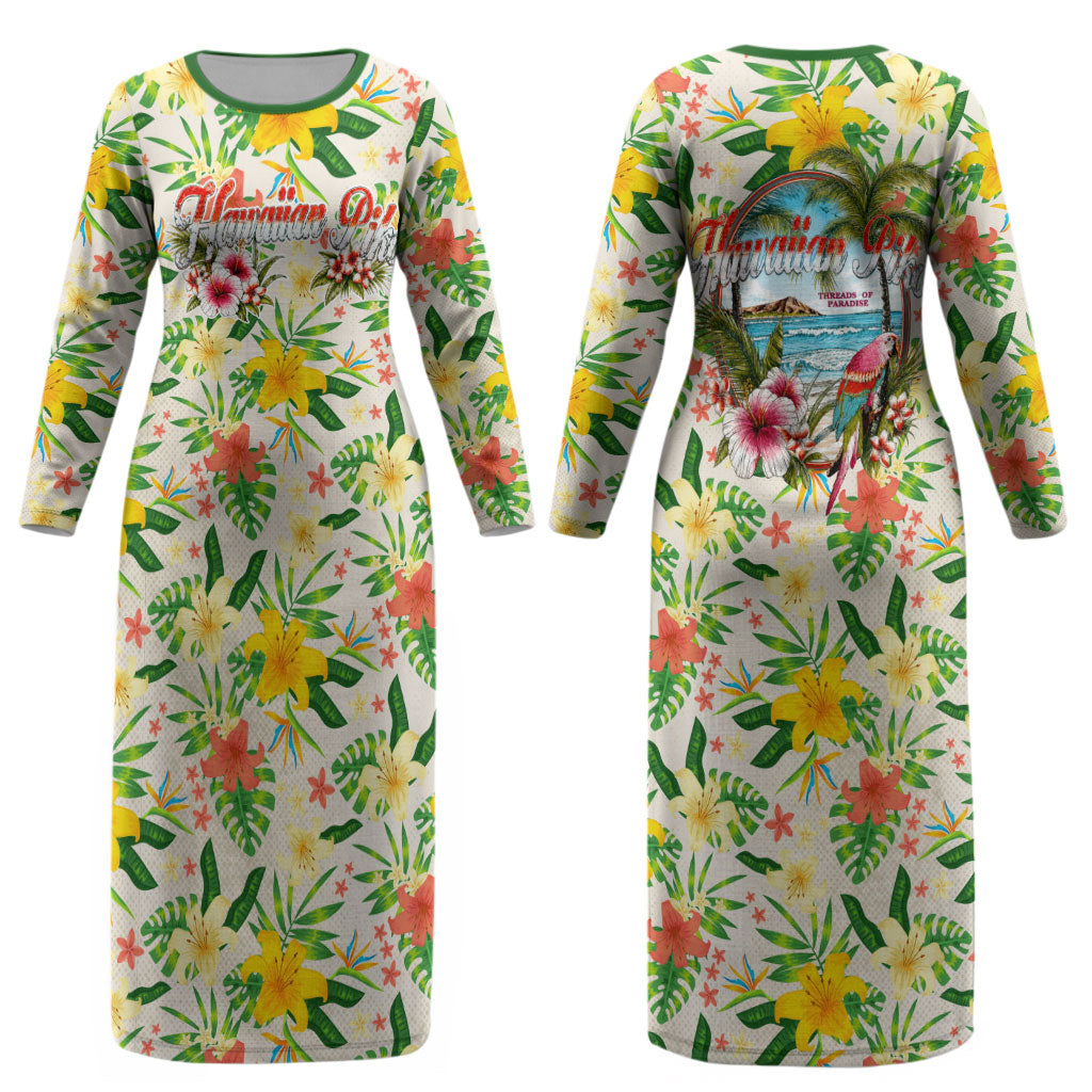 Hawaiian Piko Threads Of Paradise Aloha Couples Matching Long Sleeve Bodycon Dress and Long Sleeve Button Shirt Tropical Hibiscus Plumeria