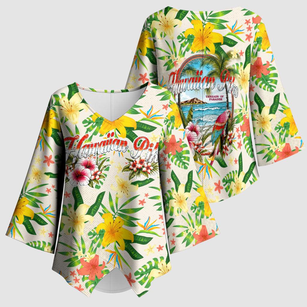 Hawaiian Piko Threads Of Paradise Aloha Kimono Sleeve Blouse Tropical Hibiscus Plumeria