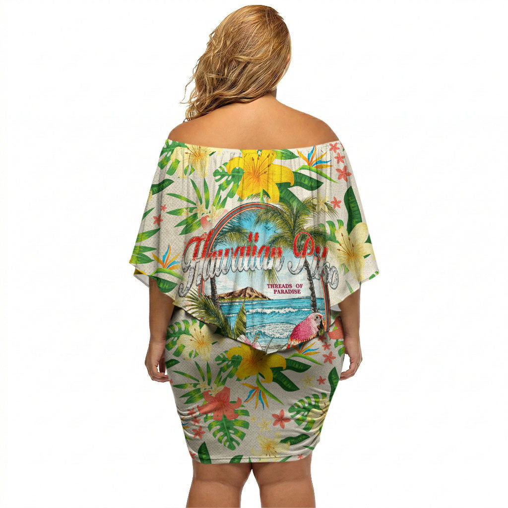 Hawaiian Piko Threads Of Paradise Aloha Off Shoulder Short Dress Tropical Hibiscus Plumeria