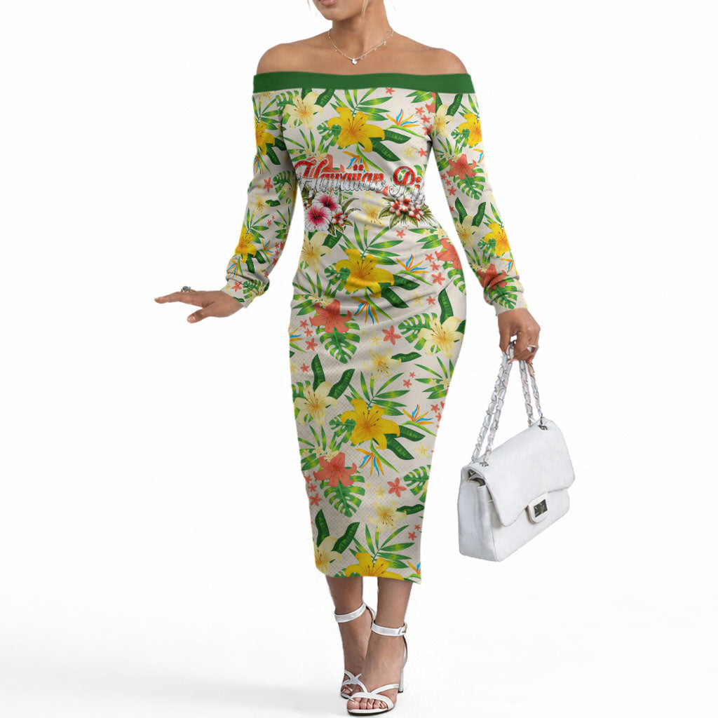 Hawaiian Piko Threads Of Paradise Aloha Off The Shoulder Long Sleeve Dress Tropical Hibiscus Plumeria