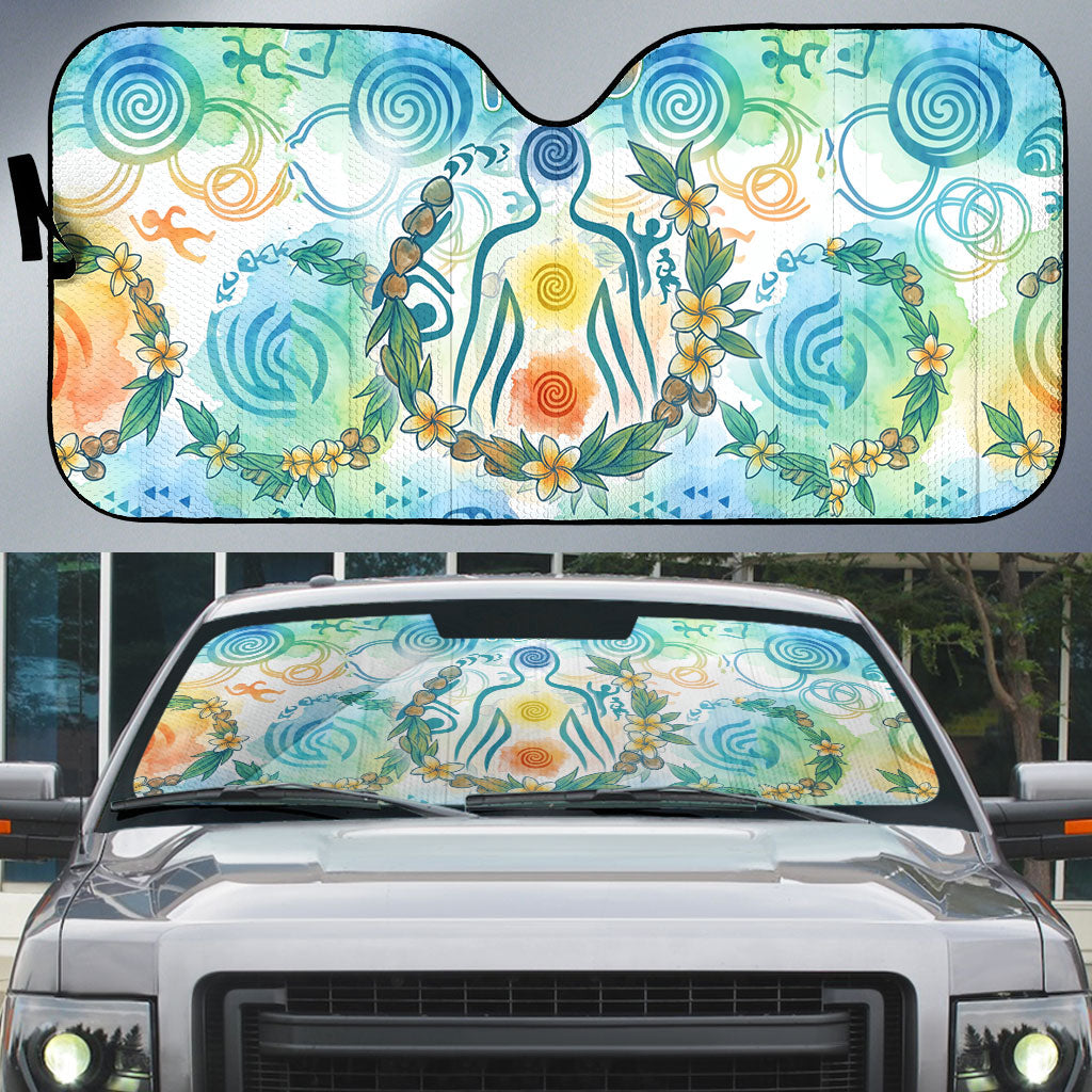 Hawaiian Piko Cultural Pride Aloha Auto Sun Shade Watercolor Spiral Art - Tropical Plumeria Lei Garland TS04 White Blue - Polynesian Pride