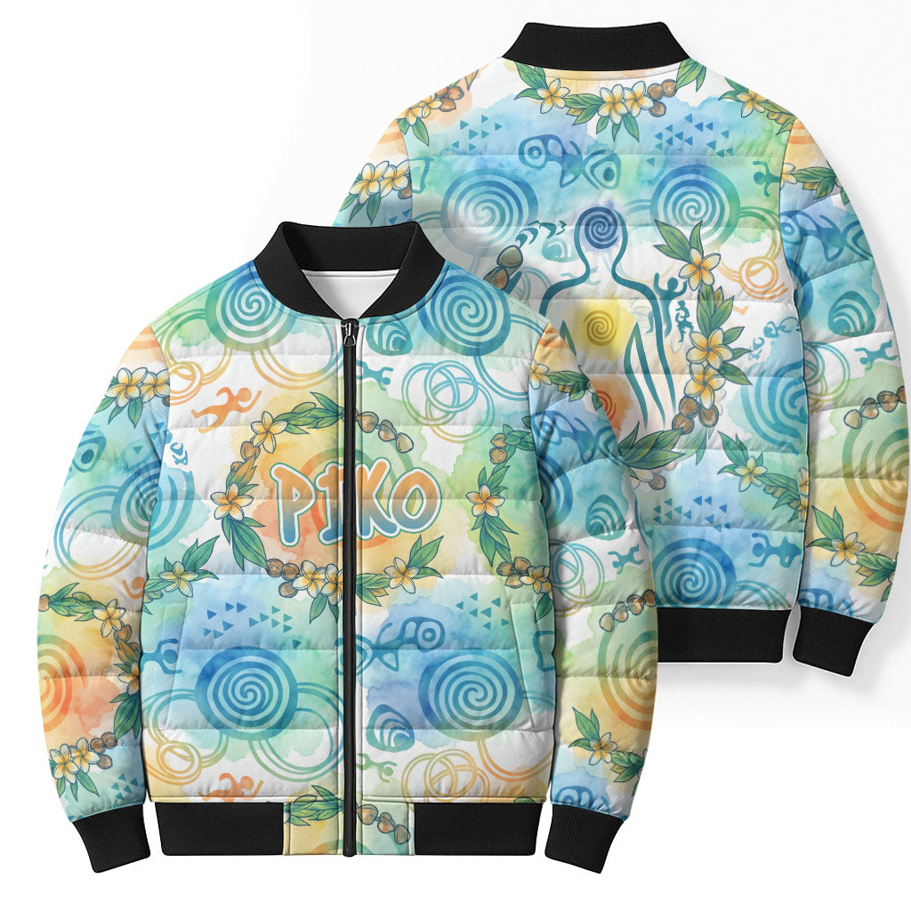 Hawaiian Piko Cultural Pride Aloha Bomber Puffer Jacket Watercolor Spiral Art - Tropical Plumeria Lei Garland