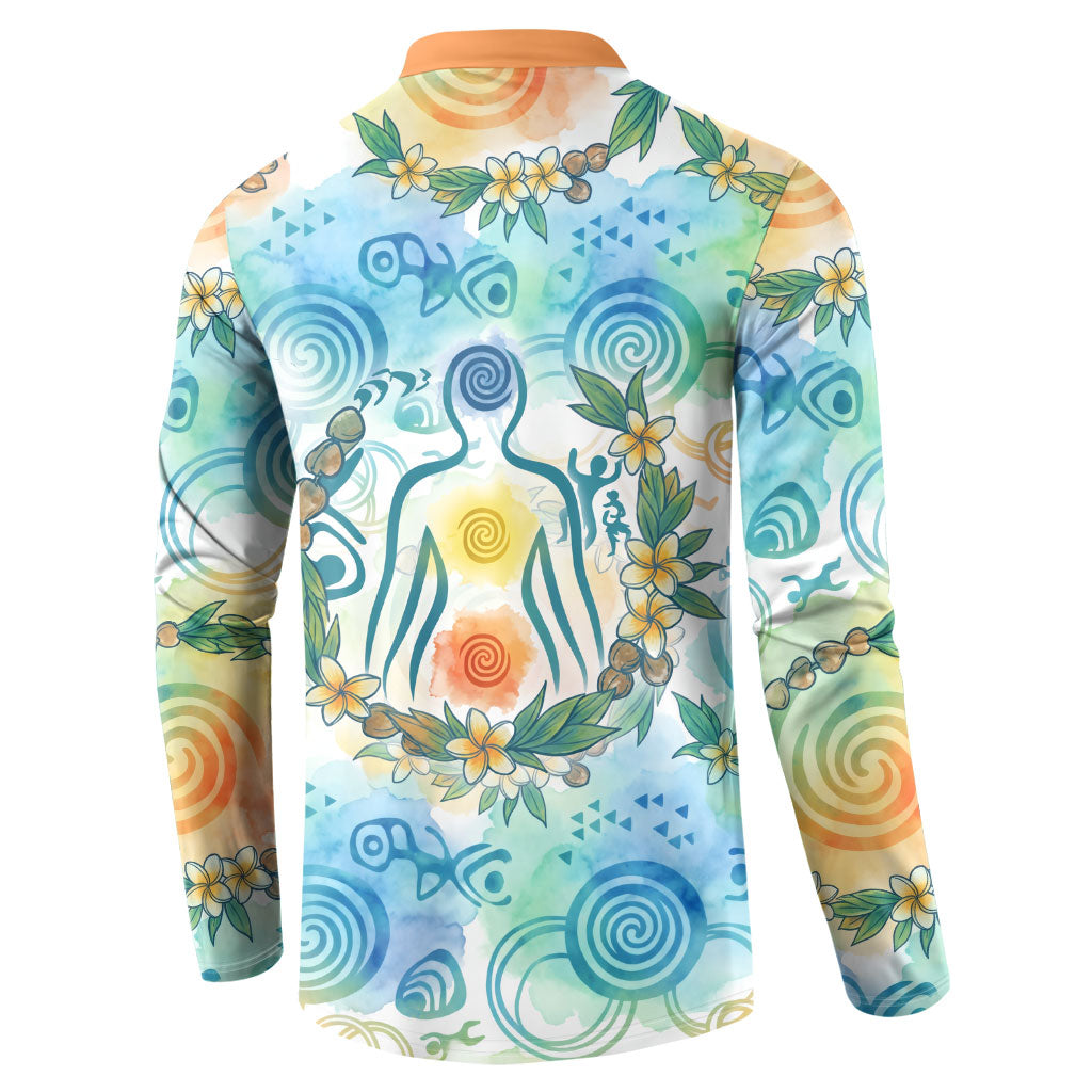Hawaiian Piko Cultural Pride Aloha Button Sweatshirt Watercolor Spiral Art - Tropical Plumeria Lei Garland