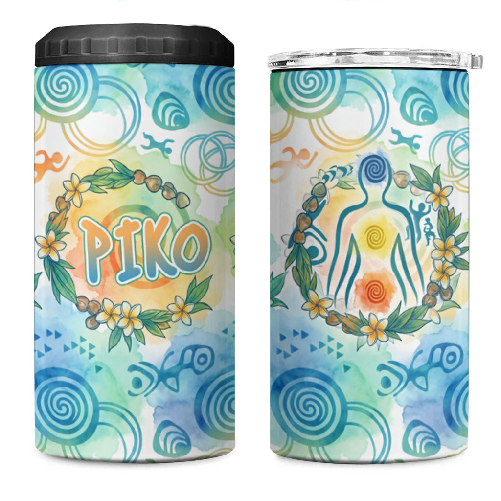 Hawaiian Piko Cultural Pride Aloha 4 in 1 Can Cooler Tumbler Watercolor Spiral Art - Tropical Plumeria Lei Garland