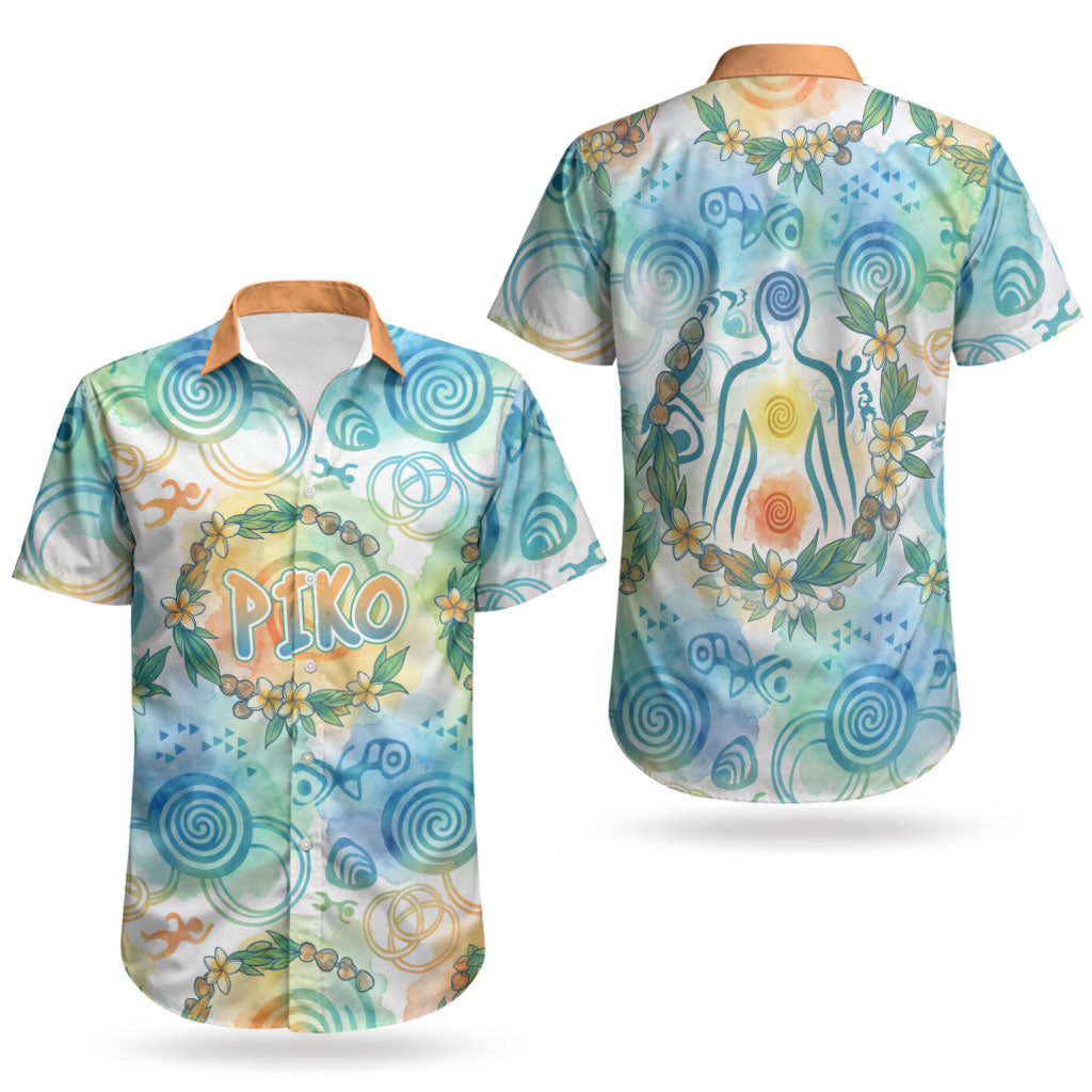 Hawaiian Piko Cultural Pride Aloha Couples Matching Long Sleeve Bodycon Dress and Hawaiian Shirt Watercolor Spiral Art - Tropical Plumeria Lei Garland
