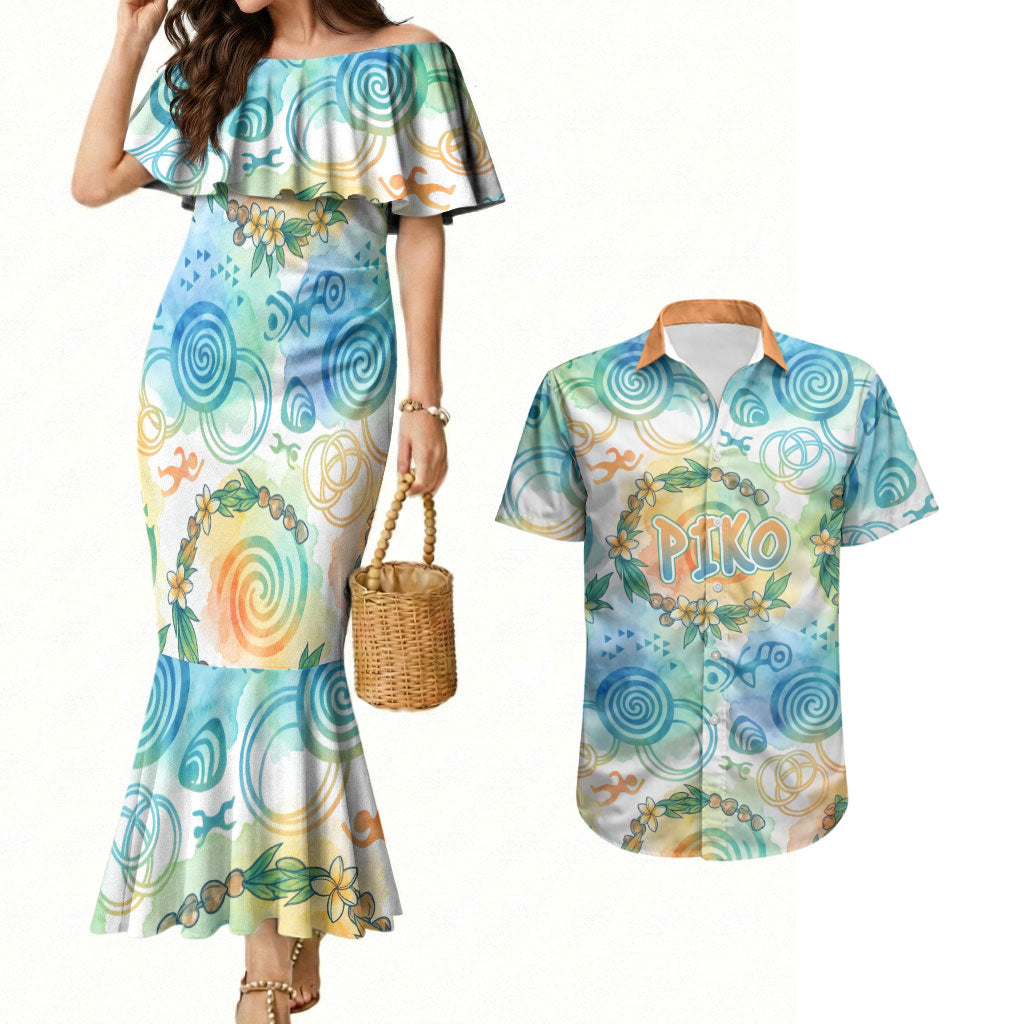 Hawaiian Piko Cultural Pride Aloha Couples Matching Mermaid Dress and Hawaiian Shirt Watercolor Spiral Art - Tropical Plumeria Lei Garland TS04 White Blue - Polynesian Pride