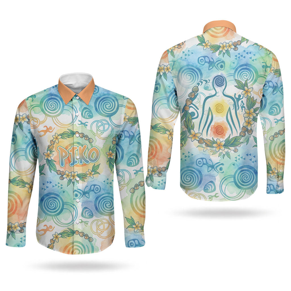 Hawaiian Piko Cultural Pride Aloha Couples Matching Off Shoulder Maxi Dress and Long Sleeve Button Shirt Watercolor Spiral Art - Tropical Plumeria Lei Garland
