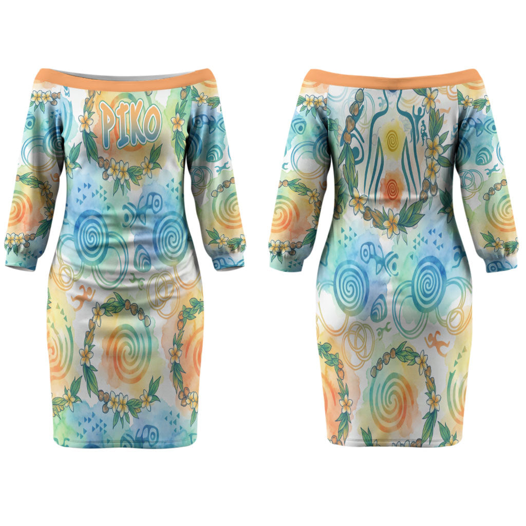 Hawaiian Piko Cultural Pride Aloha Couples Matching Off The Shoulder Long Sleeve Dress and Hawaiian Shirt Watercolor Spiral Art - Tropical Plumeria Lei Garland