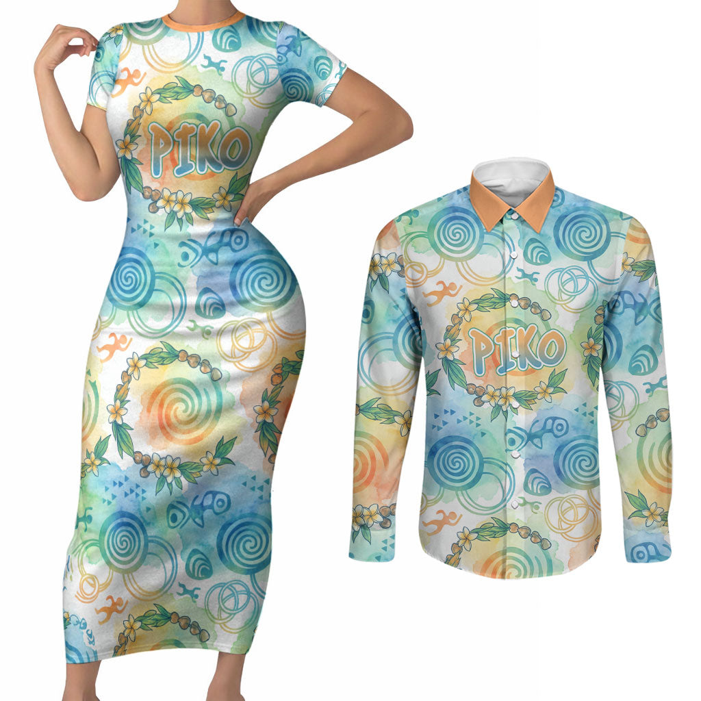 Hawaiian Piko Cultural Pride Aloha Couples Matching Short Sleeve Bodycon Dress and Long Sleeve Button Shirt Watercolor Spiral Art - Tropical Plumeria Lei Garland TS04 White Blue - Polynesian Pride