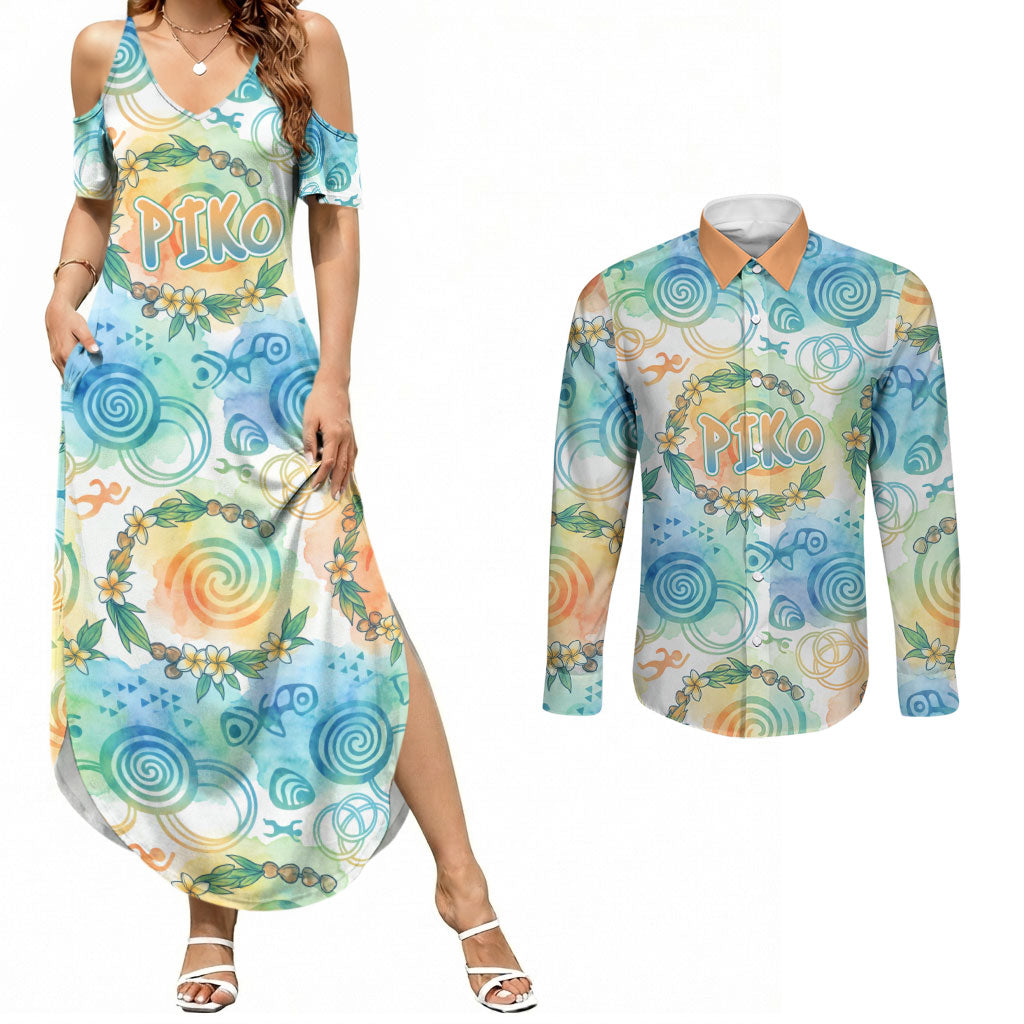 Hawaiian Piko Cultural Pride Aloha Couples Matching Summer Maxi Dress and Long Sleeve Button Shirt Watercolor Spiral Art - Tropical Plumeria Lei Garland
