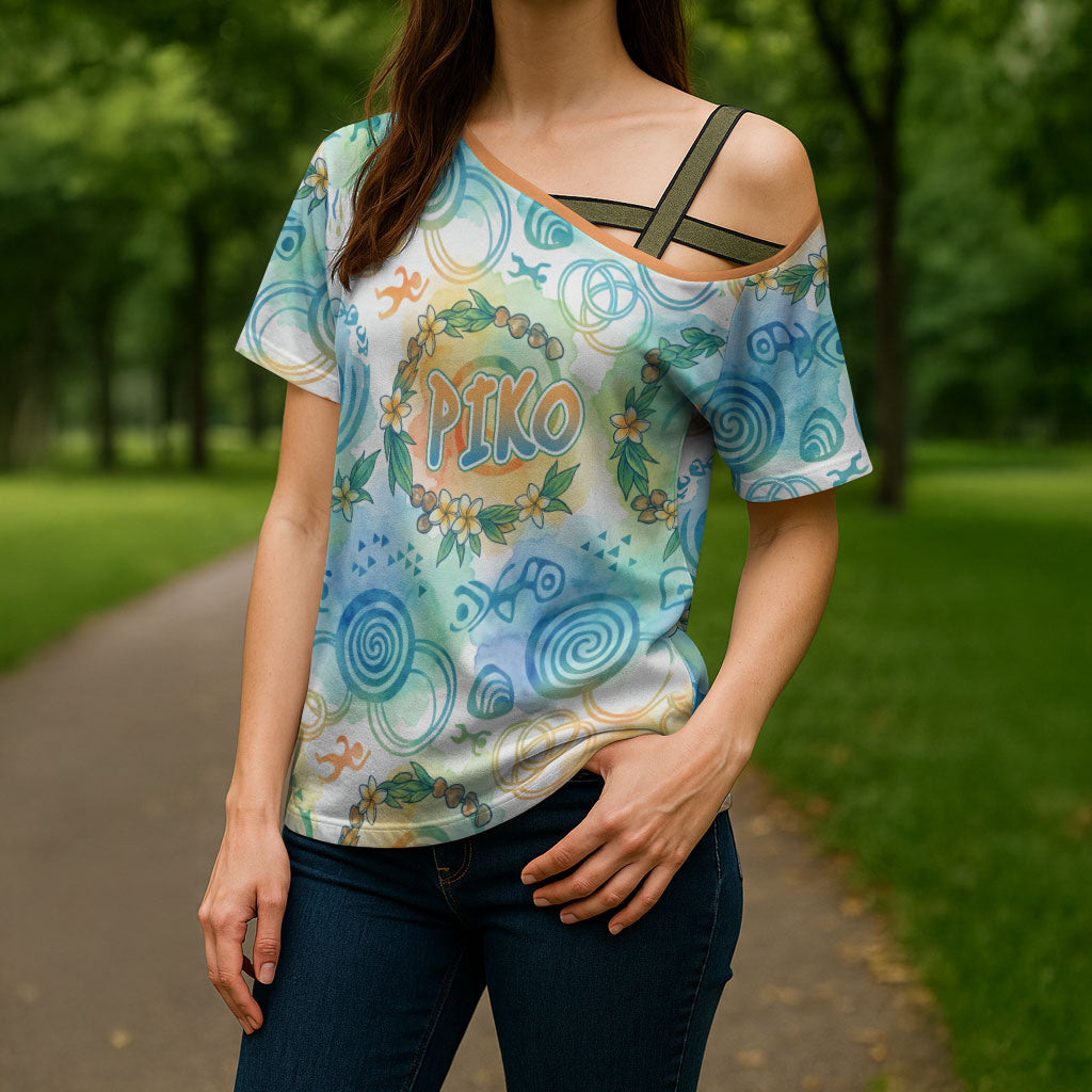Hawaiian Piko Cultural Pride Aloha Cross Shoulder Shirt Watercolor Spiral Art - Tropical Plumeria Lei Garland