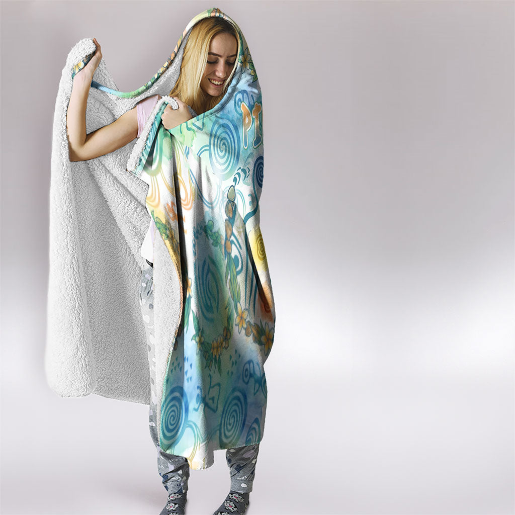 Hawaiian Piko Cultural Pride Aloha Hooded Blanket Watercolor Spiral Art - Tropical Plumeria Lei Garland