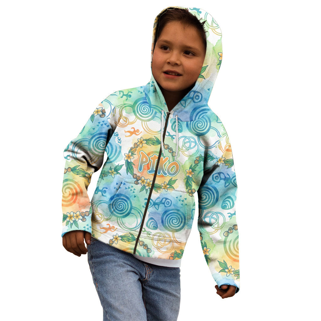 Hawaiian Piko Cultural Pride Aloha Kid Hoodie Watercolor Spiral Art - Tropical Plumeria Lei Garland