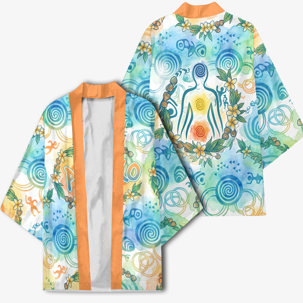 Hawaiian Piko Cultural Pride Aloha Kimono Watercolor Spiral Art - Tropical Plumeria Lei Garland