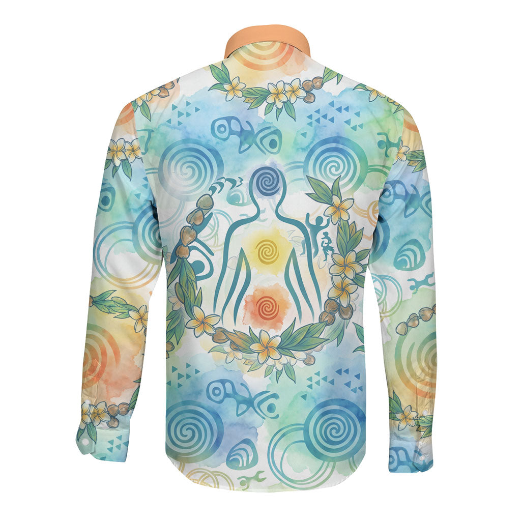 Hawaiian Piko Cultural Pride Aloha Long Sleeve Button Shirt Watercolor Spiral Art - Tropical Plumeria Lei Garland