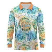 Hawaiian Piko Cultural Pride Aloha Long Sleeve Polo Shirt Watercolor Spiral Art - Tropical Plumeria Lei Garland
