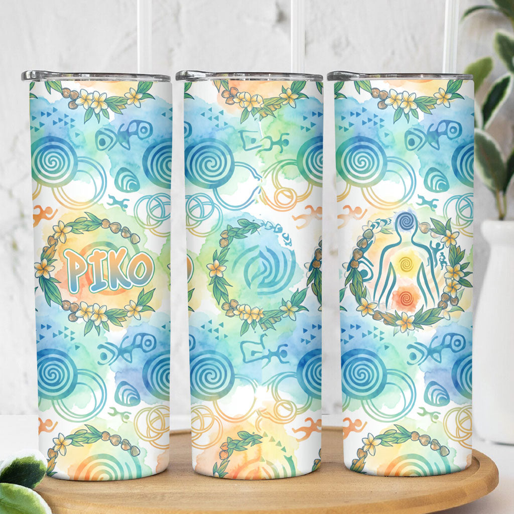 Hawaiian Piko Cultural Pride Aloha Skinny Tumbler Watercolor Spiral Art - Tropical Plumeria Lei Garland